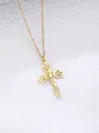 Detail of a hollowed rose flower cross pendant on a gold thin cable chain necklace - Hollow Floral Cross