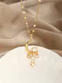 Detailed macro view of S925 silver crescent moon pendant with stars and pink zircons - Gold Star Moon Tassel Style(16)