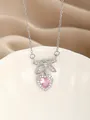 Macro shot of S925 silver necklace with pink heart zircon and sparkling bow detail - Silver Pink Heart Bowknot Style(19)
