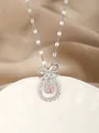 Detailed macro of S925 silver bow necklace with a pink teardrop zirconia stone - Silver Pink Teardrop Bowknot Style(20)