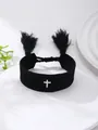 Vista de detalle de pulsera tejida negra con cruz blanca bordada y borlas colgantes - Estilo Bordado de Cruz Negra (29)