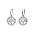 Detail of silver Tree of Life drop earrings with sparkling pavé crystal circle design - Round Hollow Tree of Life Ear Hook (E210) / E210-Silver 2