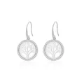 Detailed close-up of tree of life drop earrings with cubic zirconia halo in silver finish - Round Hollow Tree of Life Ear Hook (E210) / E210-Silver