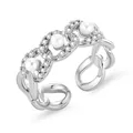 Detail of silver cuban chain ring with three pearls and pavé cubic zirconia setting - Silver Cuban Chain Three Pearls Style (JZ135-TJZ21043-SL)