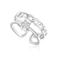 Macro detail of silver adjustable ring featuring a star pendant and Cuban chain texture - Silver Double-Layer Curb Chain Star Style (JZ143-TJZ0122-SL)