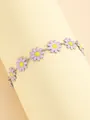Pink daisy tassel bracelet with silver links and yellow accents in a minimalist style - Pink Purple Daisy Style (SL60048-Purple) / Purple