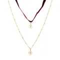 Vintage-Samt-Choker zweilagig mit Perlenanhängern und einer feinen goldenen Kette - Rot