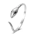 Bague serpent argentée ajustable avec écailles texturées et yeux en gemmes noires - Argent Antique