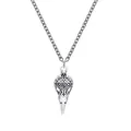 Gothic punk silver raven skull necklace featuring intricate floral engraving on the pendant - Antique Silver