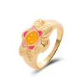 Anillo de flor dorado con elemento de cara sonriente y pétalos de esmalte de colores - Talla única / Estilo de girasol amarillo y rosa (15)
