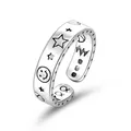 Adjustable silver layered ring with star and crescent moon engravings in vintage style - Silver Vintage Star Moon Smile Relief Style (JZ188-TJZ20028-SL)