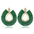 Green bohemian fan-shaped tassel earrings with golden geometric cutout and water drop stud - Hollow Teardrop Tassel Style / Teardrop Dark Green Style
