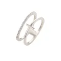 Minimalist double layer silver ring featuring pavé set stones and a cross motif - Double Layer Cross Open Ring (10463) / White Gold