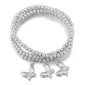 Bracciale a tre strati di perline argentate con tre ciondoli a farfalla in metallo - Stile Farfalla Argento (S106-SL05950-SL)