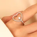 Elegant adjustable silver heart ring with white pearl inlay in a minimalist design - Silver Heart Style (WG-0531)