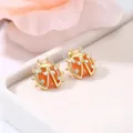 Golden ladybug stud earrings with orange cat-eye stone and small zircons - Ladybug Shape Pave Stud Earrings (E211) / E211-Gold
