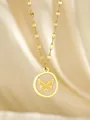 Detail shot of a round gold pendant featuring a golden butterfly on a beige shell background - Butterfly Round Style (PJ155069-)