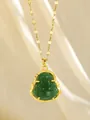 Detailed macro view of green Buddha pendant on a gold-plated sequin link chain - Maitreya Buddha Style (PJ93023-)