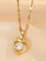 Golden heart pendant necklace with center zircon and delicate flat fishbone chain link - Hollow Heart Style (W93-PJ93088-GD)