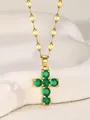 Collar de cruz dorada para mujer con seis piedras preciosas verdes incrustadas - Verde Oscuro