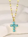 Collar de cruz con piedras azul cielo y cadena ondulada de oro elegante - Azul cielo