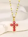 Collar de cruz chapado en oro con seis piedras de circón rojo para estilo hip-hop - Rosa rojo