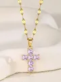 Elegante collar bañado en oro con colgante de cruz de circón púrpura y cadena fina - Púrpura