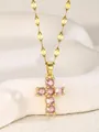 Collar de cruz con seis gemas rosas y cadena de eslabones ovalados dorados - Rosa