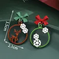 Christmas asymmetric elk and snowflake stud earrings set with green and red bows - Asymmetric Christmas Hoop (SD61306)