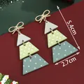 Christmas tree drop earrings with gold bow and green geometric patterns for women - Abstract Bow Christmas Tree (SD61327)