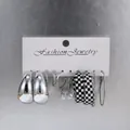 Detail view of 6-pair silver earring set with geometric hoops and imitation pearls - Silver Black and White Grid Earring Set (A-5)