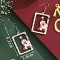 Christmas Santa Claus pattern rectangular wooden frame earrings with silver hooks for women - Santa Claus Wood Frame (SD61375)