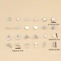 Set of 12 silver stud earrings with stars and heart designs, size 0.7cm to 0.9cm - Geometric Rhinestone Silver Style (FX050927)