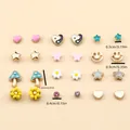 Colorful enamel stud earring set featuring heart, star, and mushroom shapes in gold finish - Cartoon Fun Colorful Enamel Style (FX050923)