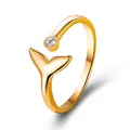 Elegant gold fish tail open ring with round cubic zirconia on white background - Gold Whale Tail Zirconia Style (0636)