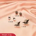 Gothic bat and moon earring set with black studs and cubic zirconia on pink silk - Bat Moon and Rhinestone Set (2334) / 3 Pairs Set