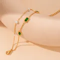 Retro double-layer stainless steel bracelet with green gemstones and white pearls - Pearl Square Green Rhinestone Gold Color