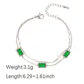 Silver double-layer stainless steel bracelet with green rectangular gems and pearls - Pearl Square Green Rhinestone Silver Color