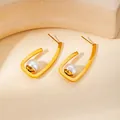 Elegant 18K gold plated U-shaped earrings with white pearls in a minimalist design - U-Shaped Artificial Pearl Studs / Gold