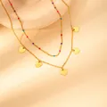 Detail of layered gold stainless steel necklace with heart pendants and colorful beads - Double Layer Color Beads Heart Style (N0158)