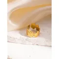 Anello aperto dorato in acciaio inossidabile con delicato motivo a foglie e piume - Stile Foglia Larga / Oro