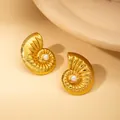 Irregular golden conch earrings with central pearl inlay and radial texture engraving - Gold Seashell Artificial Pearl Studs
