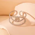 Détail de bague réglable en acier inoxydable argenté avec bords perlés sur pierre - Plateau Rond à Texture de Perles à Double Couche (BJGR0307)