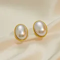 Elegant gold-plated oval pearl stud earrings featuring a minimalist French vintage style - Pearl Earrings