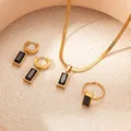 Golden titanium steel jewelry set with black rectangular stones and snake chain - Black Zirconia Rectangle Collection