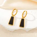 Titanium gold hoop earrings with elegant black trapezoid enamel charms in a modern style - Trapezoid Black Shell Earrings