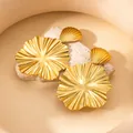 Chic gold petal-shaped statement earrings with pleated shell texture in high-quality steel - Lotus Leaf Pleated Style (E0739)
