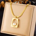 Gold layered snake chain necklace featuring a hollow geometric pendant with a white pearl - Gold Hollow Rectangular Pearl Necklace (N2690)
