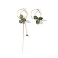 Asymmetric gold hoop earrings with matte dark green petals and long tassel chain - Green