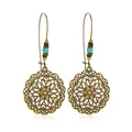 Boucles d'oreilles mandala en bronze bohème avec perles turquoise et détails filigranes - Style Floral Creux Bronze Antique (11687)